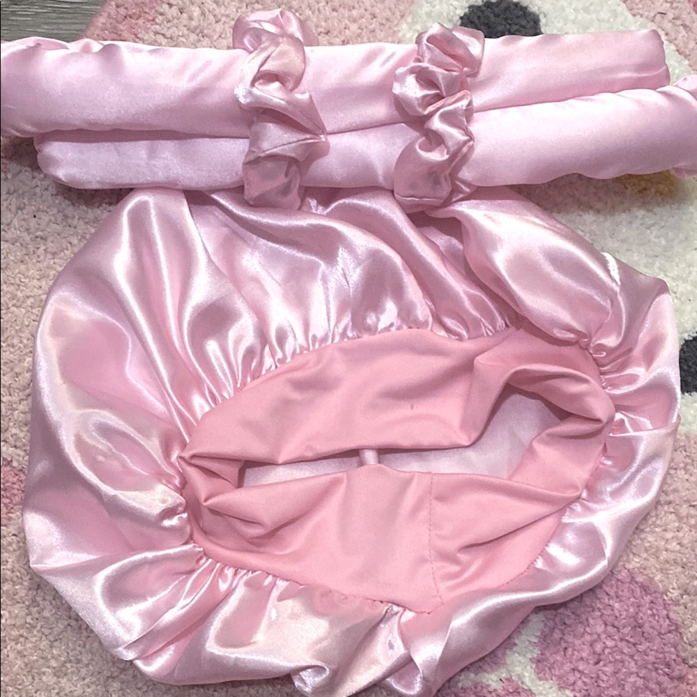 Pink Satin Hair Bonnet and Scrunchies Set